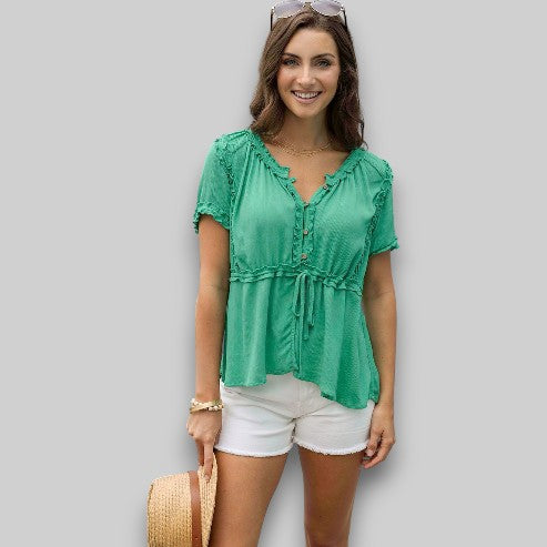 Lola | Frilly Button-Front Top in Spring Green