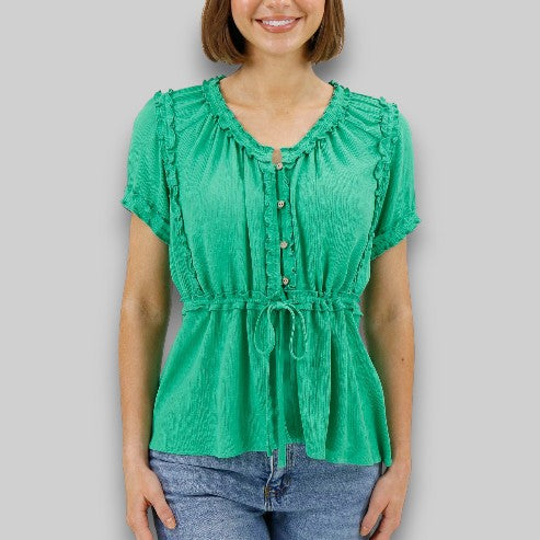 Lola | Frilly Button-Front Top in Spring Green